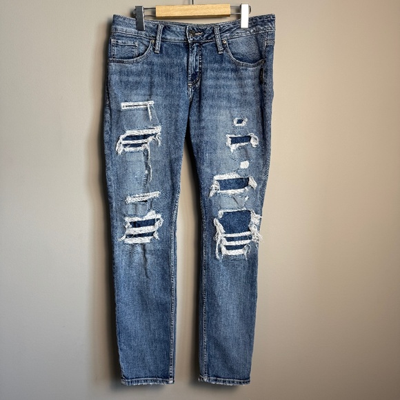 Silver Jeans Women's Distressed Patched Denim Boyfriend Jeans Blue‎ 28 Faded - Picture 1 of 16